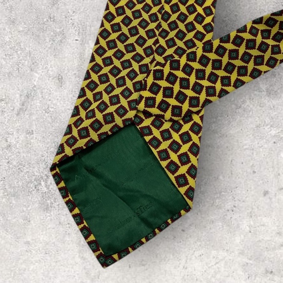 ANDREWS Yellow/Burgundy/Green Geometric Silk LUXURY Tie ITALY - Picture 4 of 5